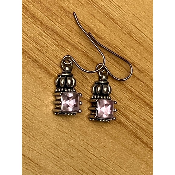 Vintage Style Pink Crystal Crown Drop Earrings Antiqued Silver Tone Fishhook - Picture 2 of 4